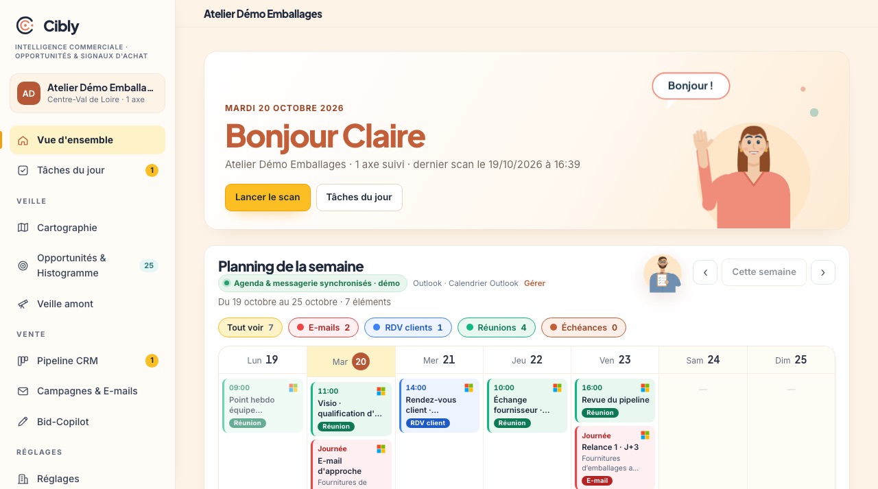 Vue d'ensemble de Cibly : planning de la semaine avec les e-mails de relance en rouge, les rendez-vous clients en bleu et les réunions en vert, agenda et messagerie synchronisés.